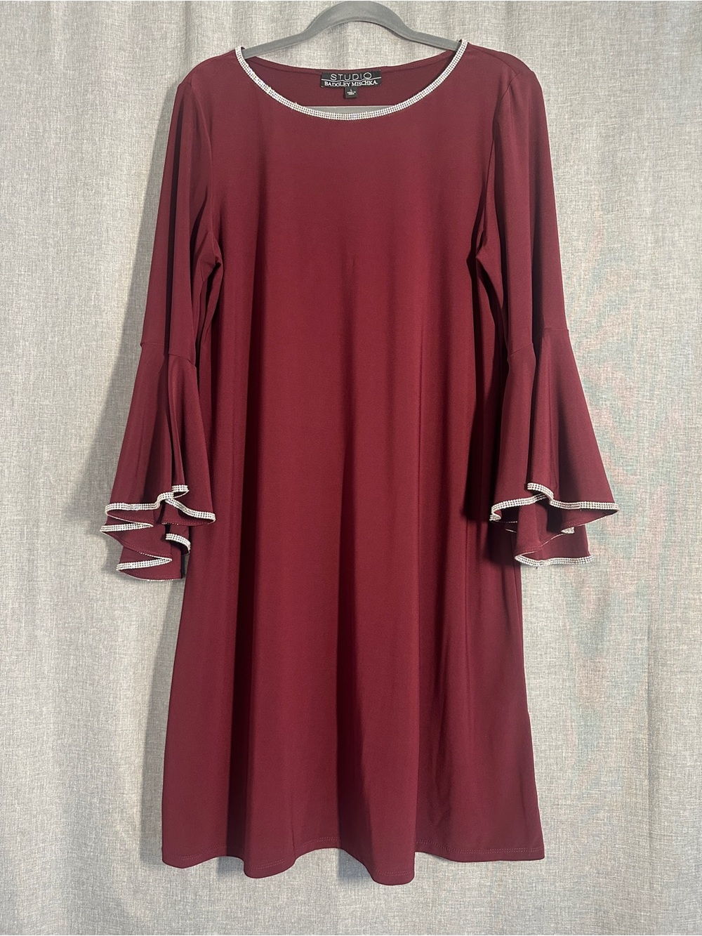 Badgley Mischka Burgundy 3/4-Sleeve Ruffle Dress with Rhinestone Trim